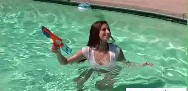  Sexy big tit teen Nina North lays with a water gun toy and show her nice tight ass and perky boobs